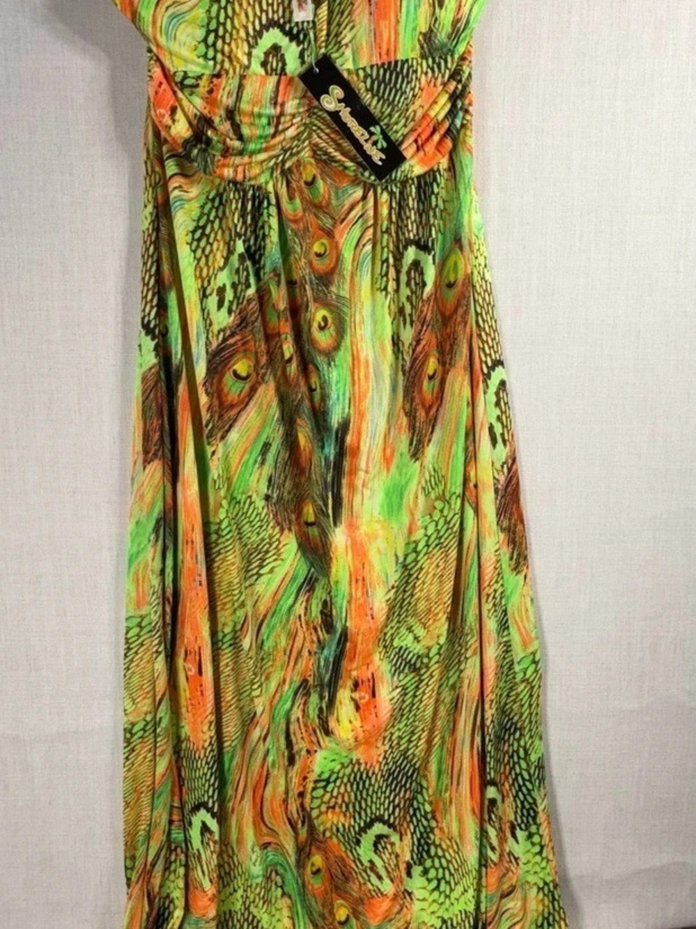 Shoreline Peacock Feather Print Halter Maxi Dress Green & Orange